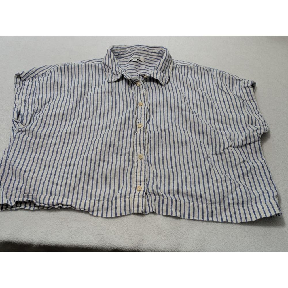 Madewell Shirt Nautical‎ XL Stripe Blue White Linen Cropped Button Up Resort
